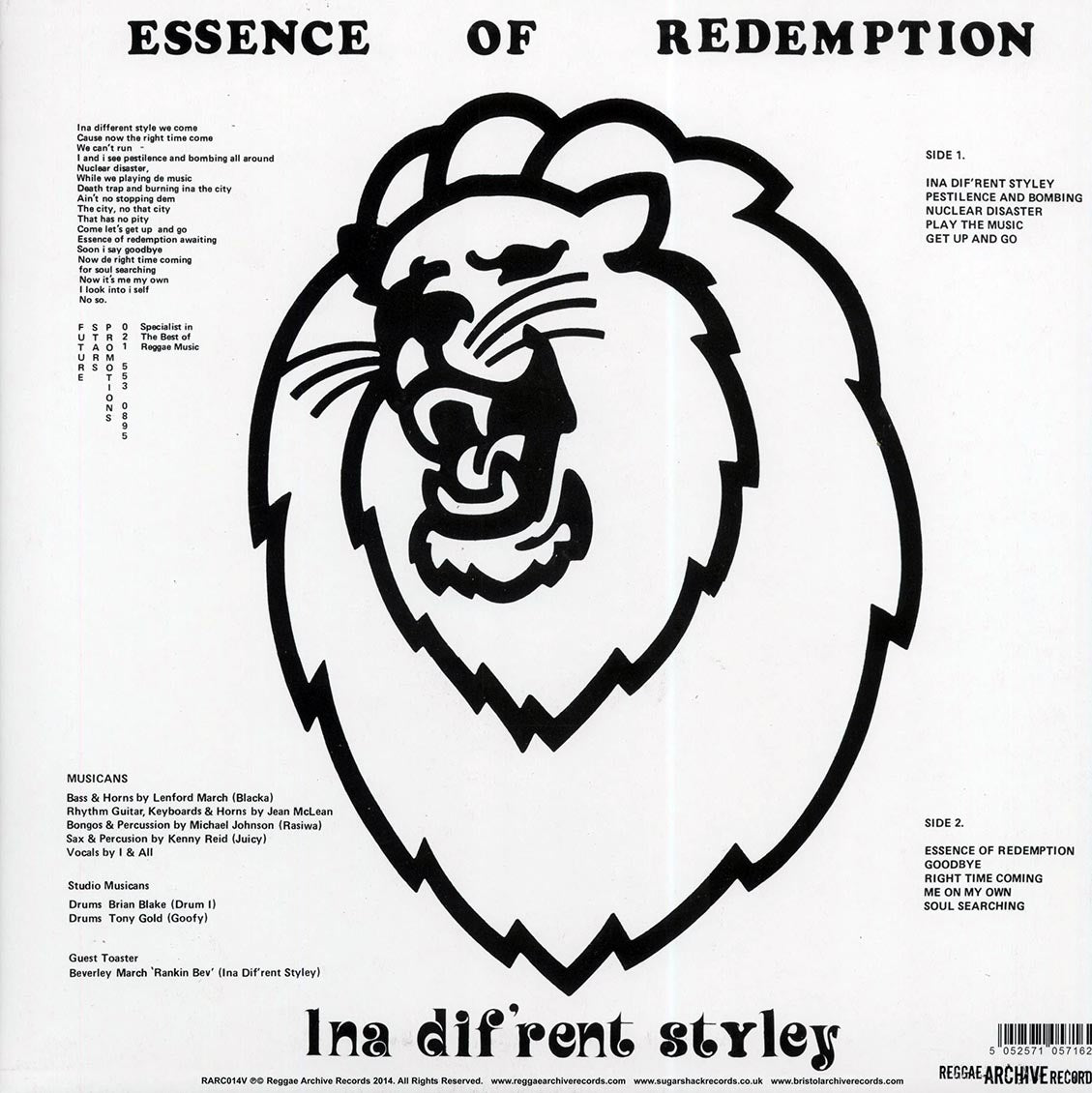 Essence Of Redemption - Ina Dif'rent Styley (2014 FIRST PRESS) (incl. mp3) vinyl LP back cover