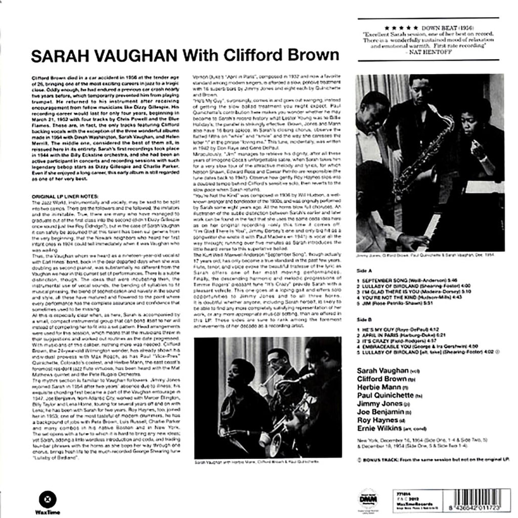 Sarah Vaughan - Sarah Vaughan With Clifford Brown (+bonus track) (ltd. ed.) (180g) vinyl LP back cover