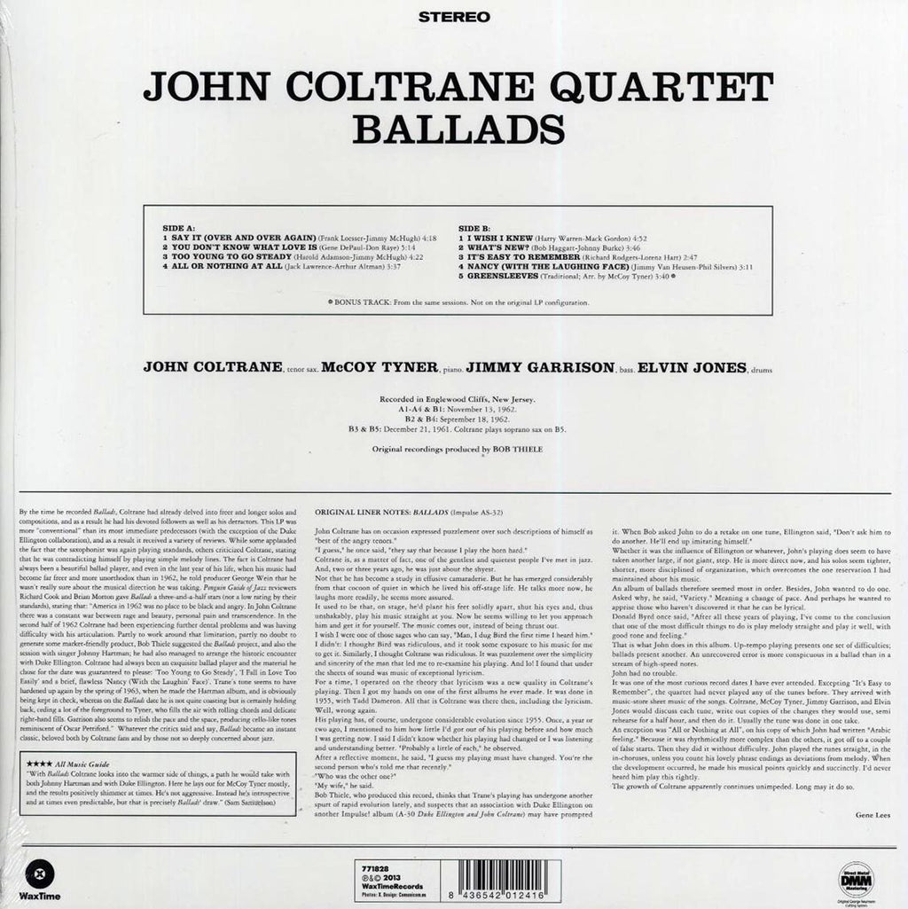John Coltrane Quartet - Ballads (+bonus track) (ltd. ed.) (180g) (remastered) vinyl LP back cover