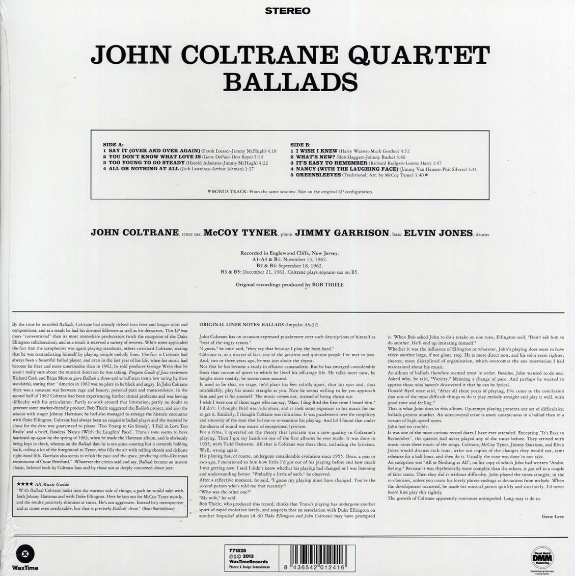 John Coltrane Quartet - Ballads (+bonus track) (ltd. ed.) (180g) (remastered) vinyl LP back cover