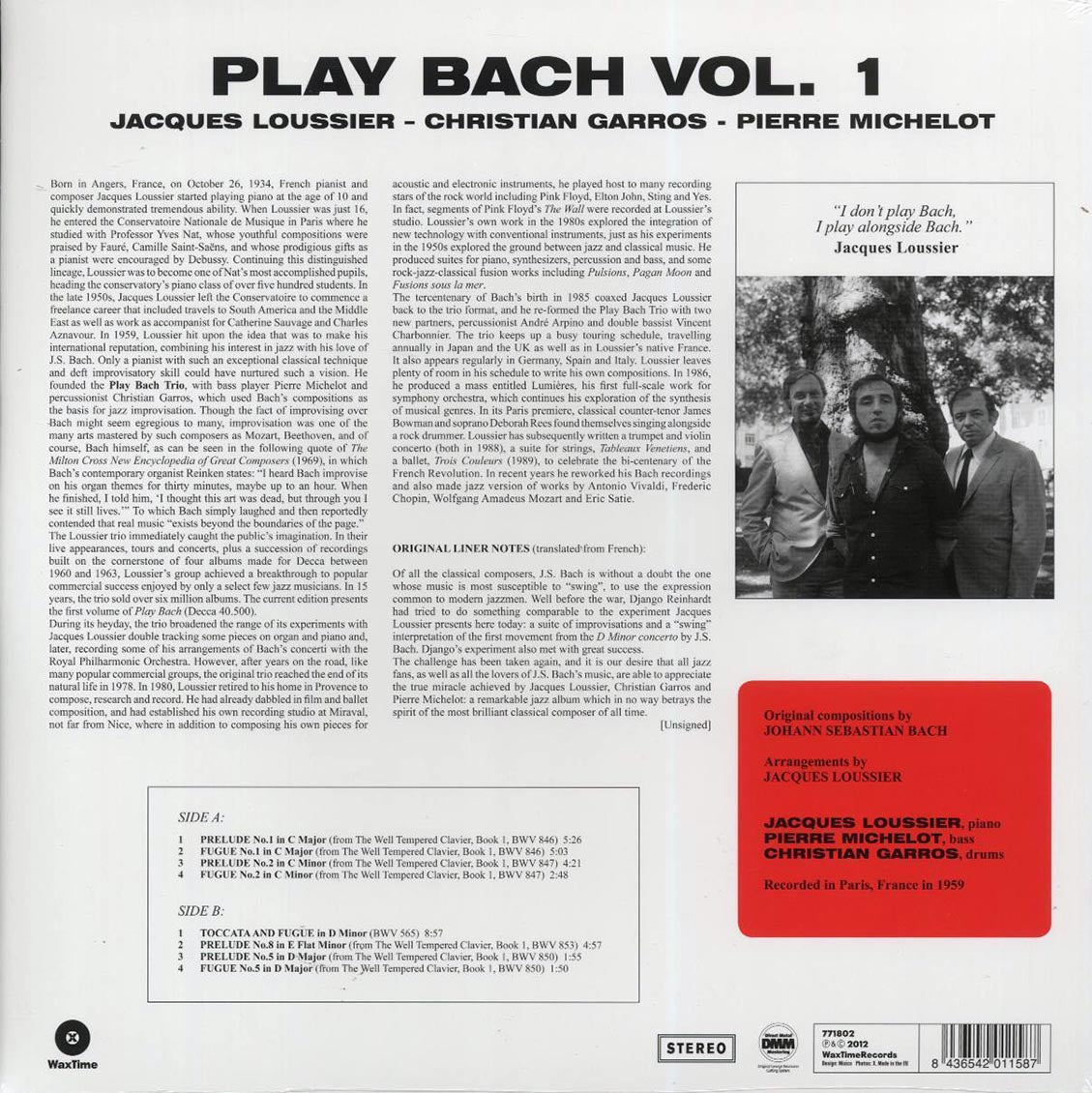 Jacques Loussier - Play Bach No. 1 (ltd. ed.) (180g) (remastered) vinyl LP back cover