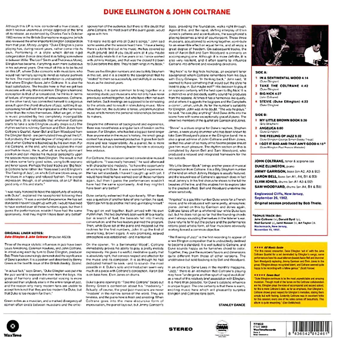 Duke Ellington, John Coltrane - Duke Ellington & John Coltrane (ltd. ed.) (180g) vinyl LP back cover