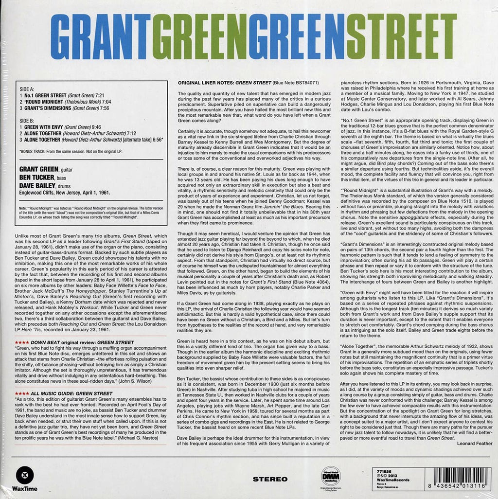 Grant Green - Green Street (180g) vinyl LP back cover