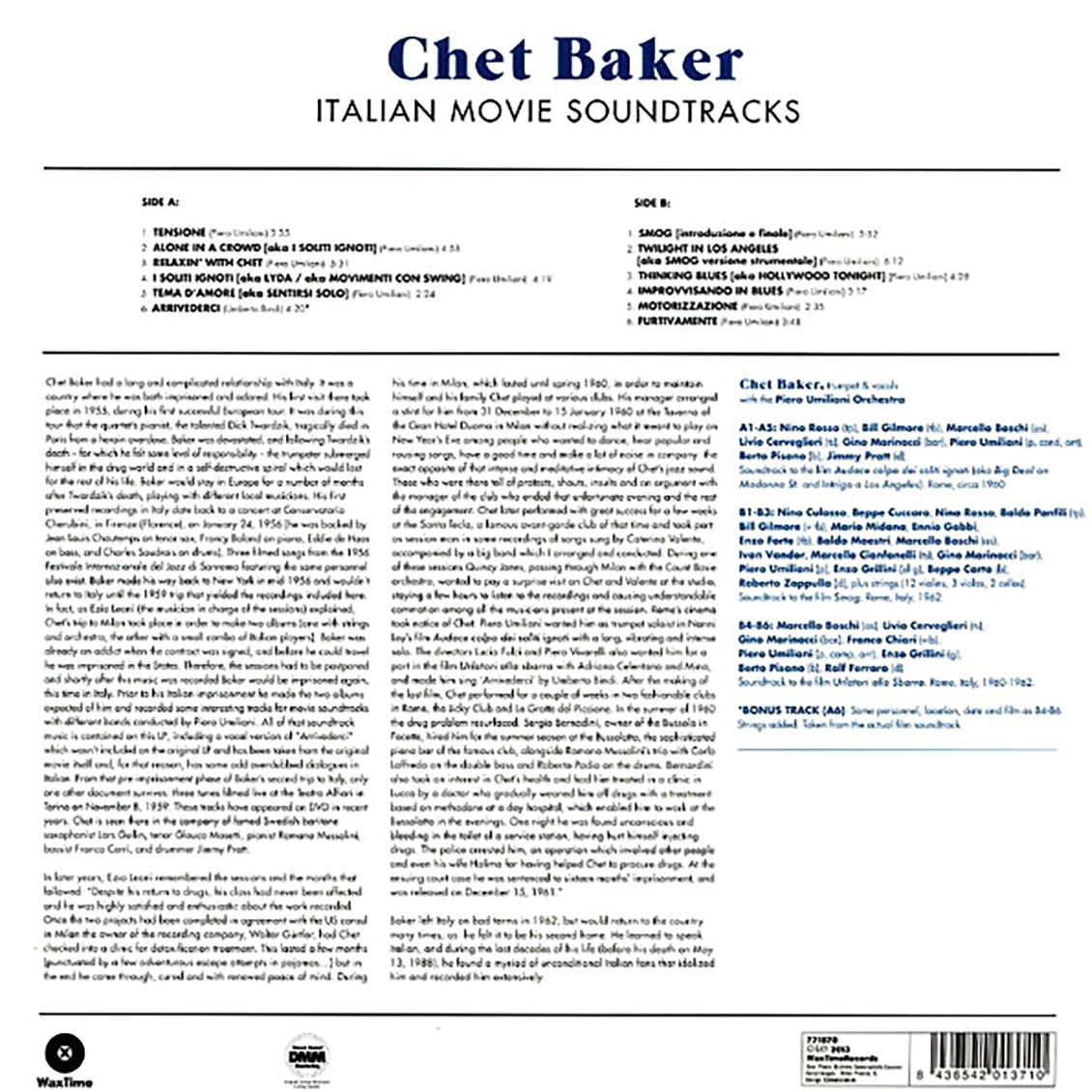 Chet Baker - Italian Movie Soundtracks (ltd. ed.) (180g) vinyl LP back cover