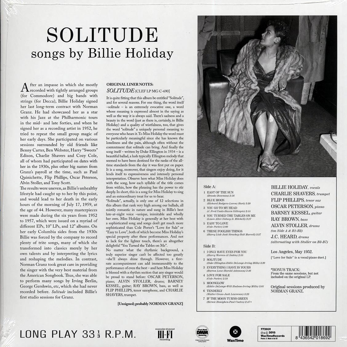 Billie Holiday - Solitude (ltd. ed.) (180g) (remastered) vinyl LP back cover