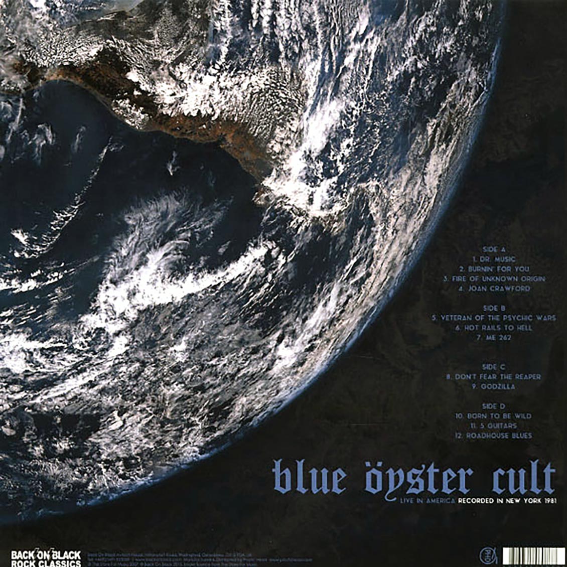 Blue Oyster Cult - Live In America: Recorded In New York 1981 (ltd. ed.) (2xLP) (blue vinyl) vinyl LP back cover