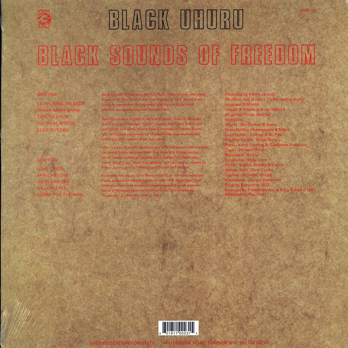 Black Uhuru - Black Sounds Of Freedom vinyl LP back cover