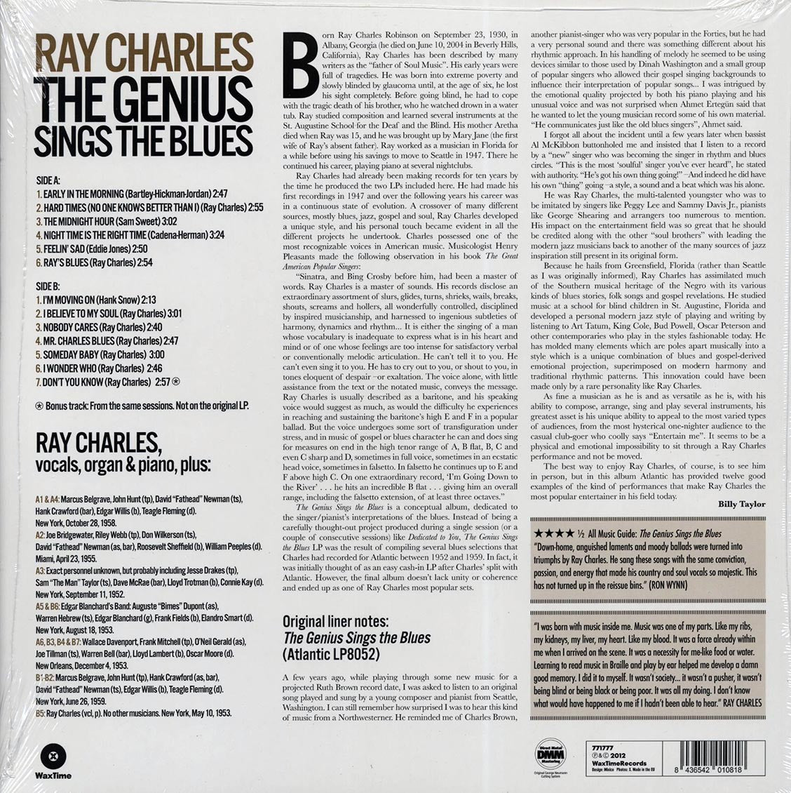 Ray Charles - The Genius Sings The Blues (+bonus track) (ltd. ed.) (180g) vinyl LP back cover