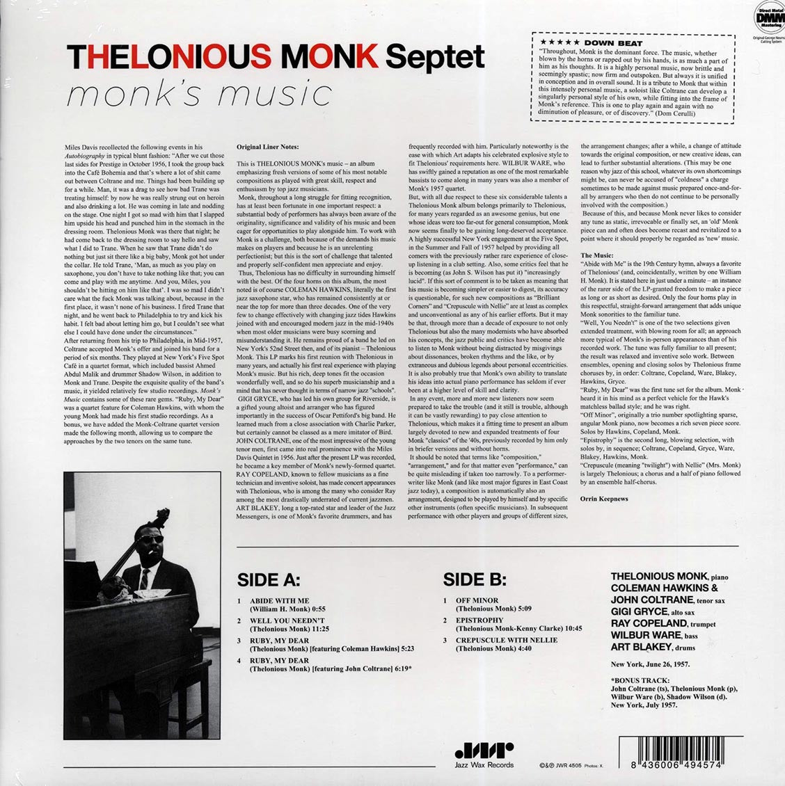 Thelonious Monk Septet - Monk's Music (ltd. ed.) (180g) vinyl LP back cover