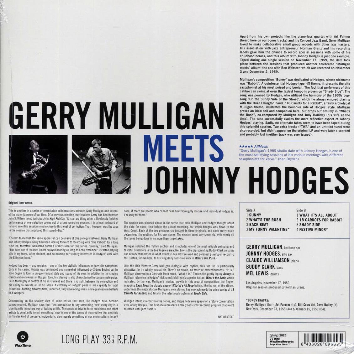 Gerry Mulligan, Johnny Hodges - Gerry Mulligan Meets Johnny Hodges (+2 bonus tracks) (ltd. ed.) (180g) (remastered) vinyl LP back cover