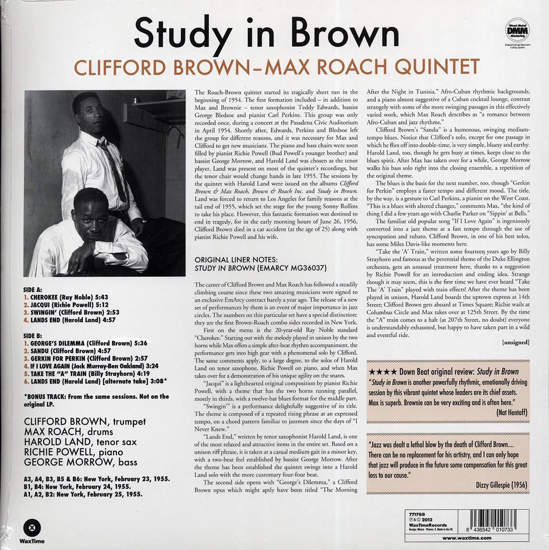 Clifford Brown, Max Roach - Study In Brown (ltd. ed.) (180g) (remastered) vinyl LP back cover