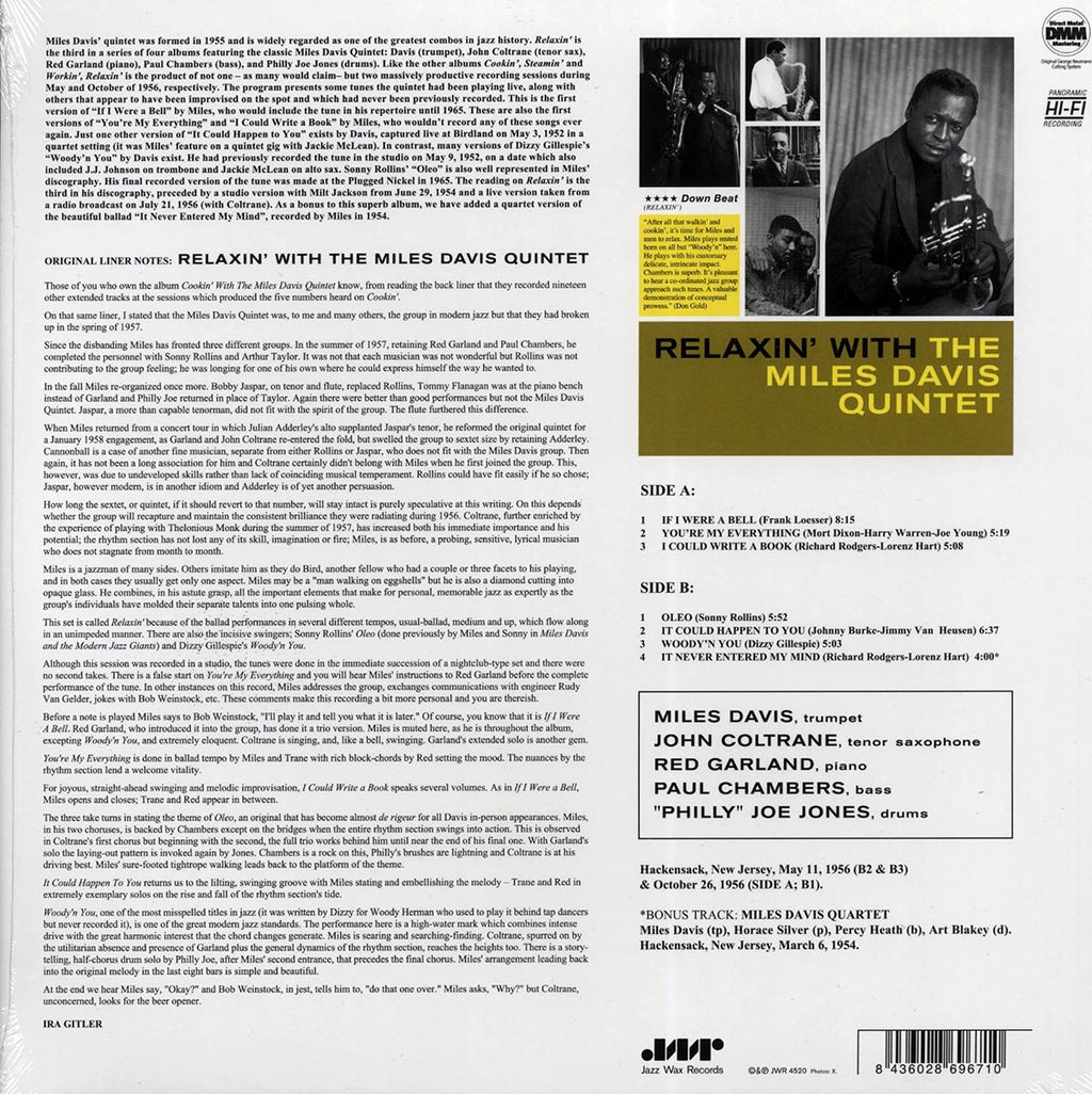 Miles Davis Quintet - Relaxin' With Miles Davis Quintet (+bonus track) (ltd. ed.) (180g) (remastered) vinyl LP back cover