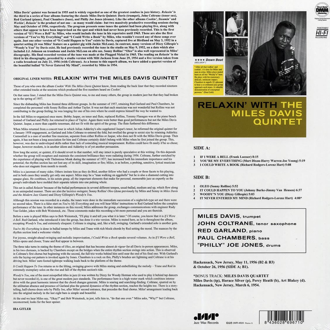Miles Davis Quintet - Relaxin' With Miles Davis Quintet (+bonus track) (ltd. ed.) (180g) (remastered) vinyl LP back cover