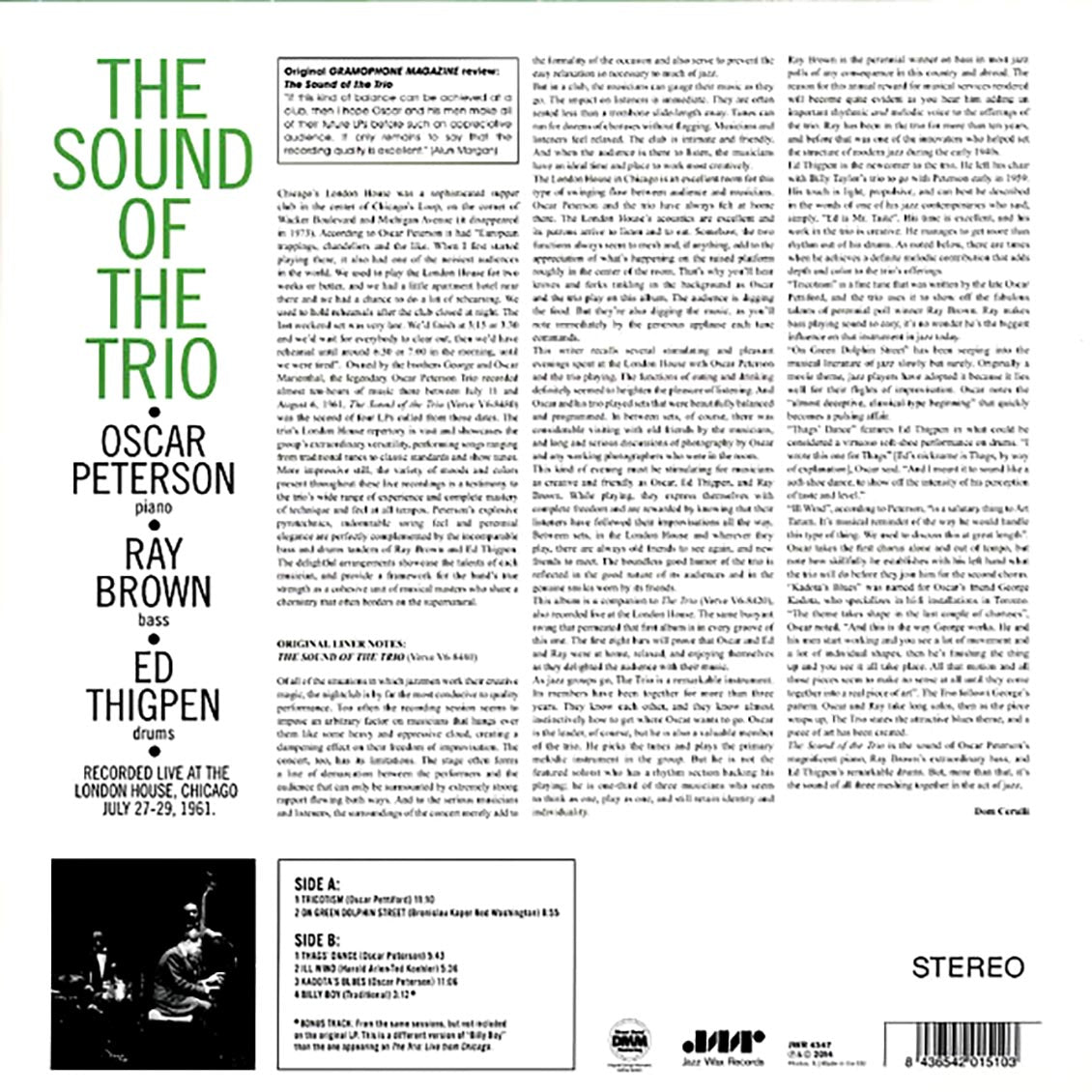 Oscar Peterson Trio - The Sound Of The Trio (+bonus track) (ltd. ed.) (180g) vinyl LP back cover