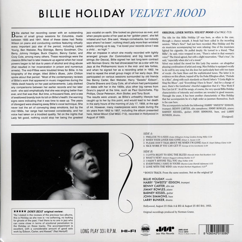 Billie Holiday - Velvet Mood (ltd. ed.) (180g) (remastered) vinyl LP back cover