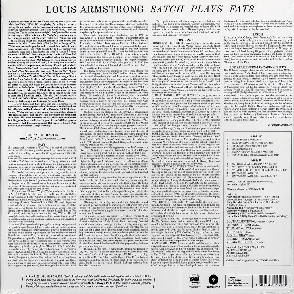 Louis Armstrong - Satch Plays Fats: A Tribute To Fats Waller (+3 bonus tracks) (ltd. ed.) (180g) vinyl LP back cover