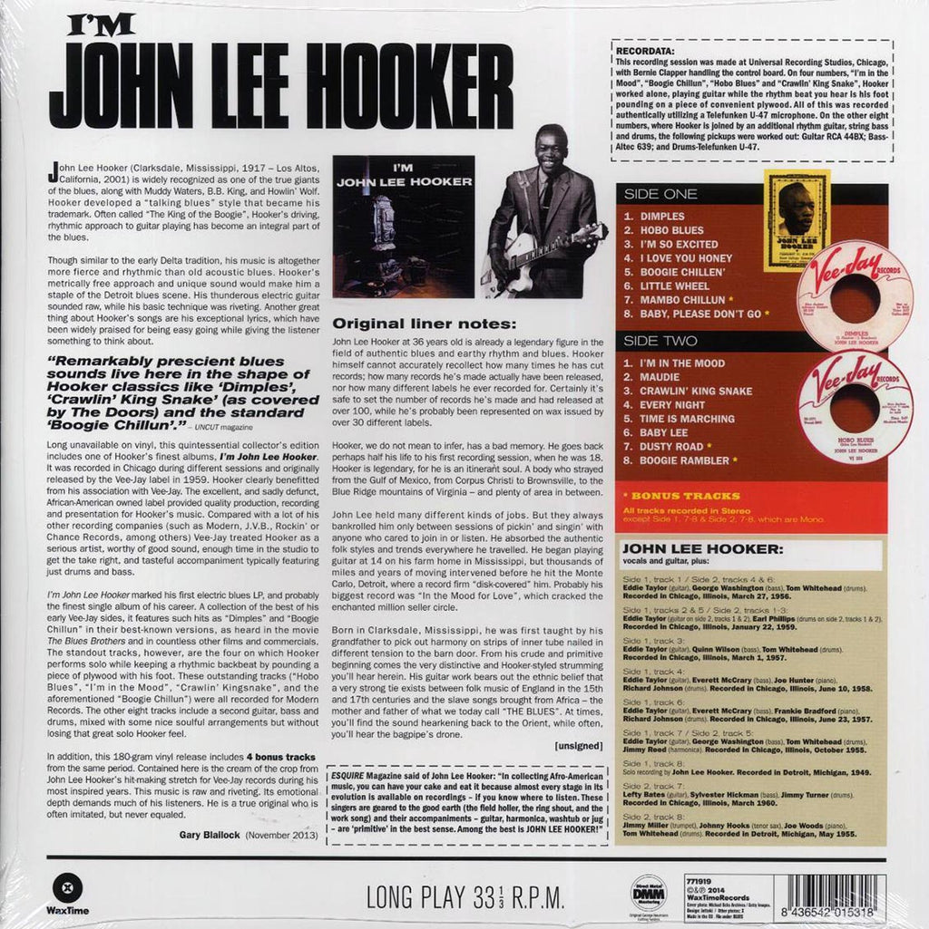 John Lee Hooker - I'm John Lee Hooker (+4 bonus tracks) (ltd. ed.) (180g) vinyl LP back cover