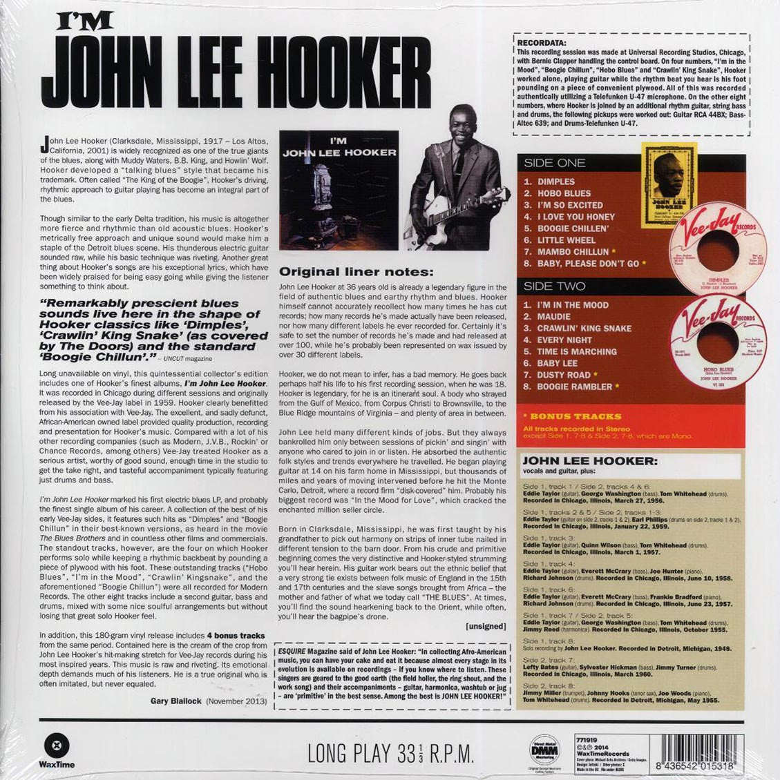 John Lee Hooker - I'm John Lee Hooker (+4 bonus tracks) (ltd. ed.) (180g) vinyl LP back cover