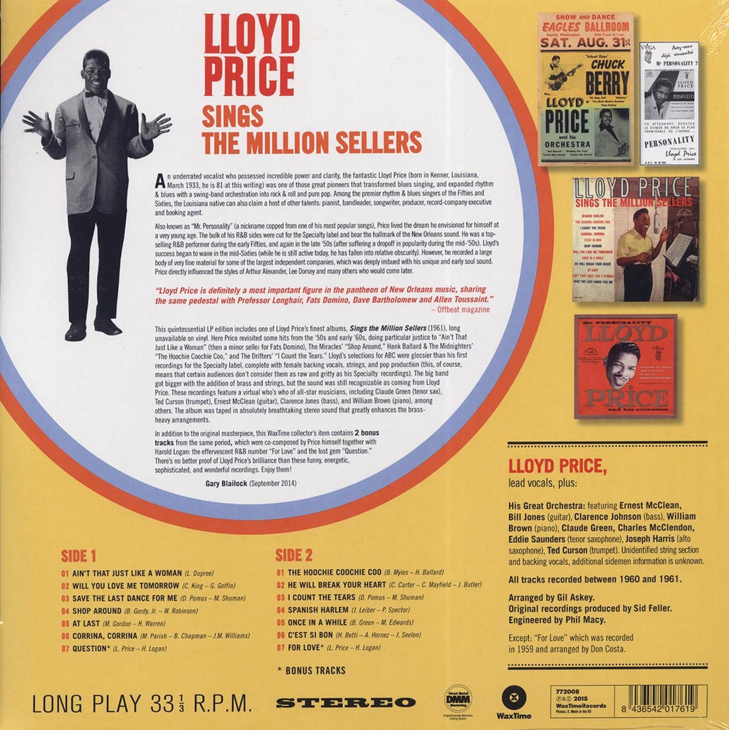 Lloyd Price - Sings The Million Sellers (+bonus track) (ltd. ed.) (180g) vinyl LP back cover