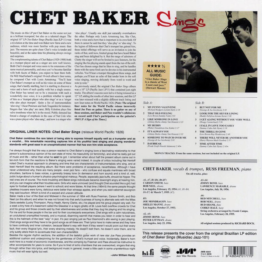 Chet Baker - Sings (ltd. ed.) (180g) (remastered) vinyl LP back cover