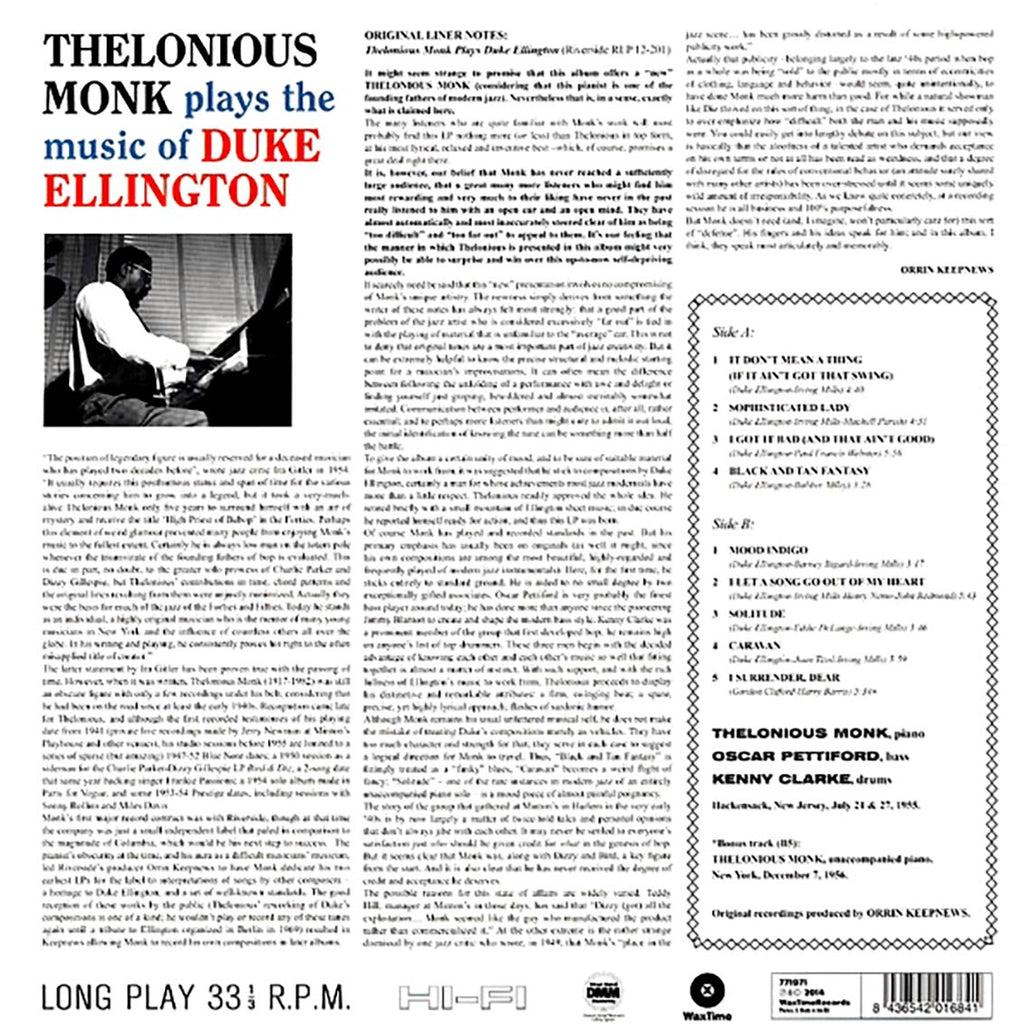 Thelonious Monk - Plays The Music Of Duke Ellington (+bonus track) (ltd. ed.) (180g) vinyl LP back cover