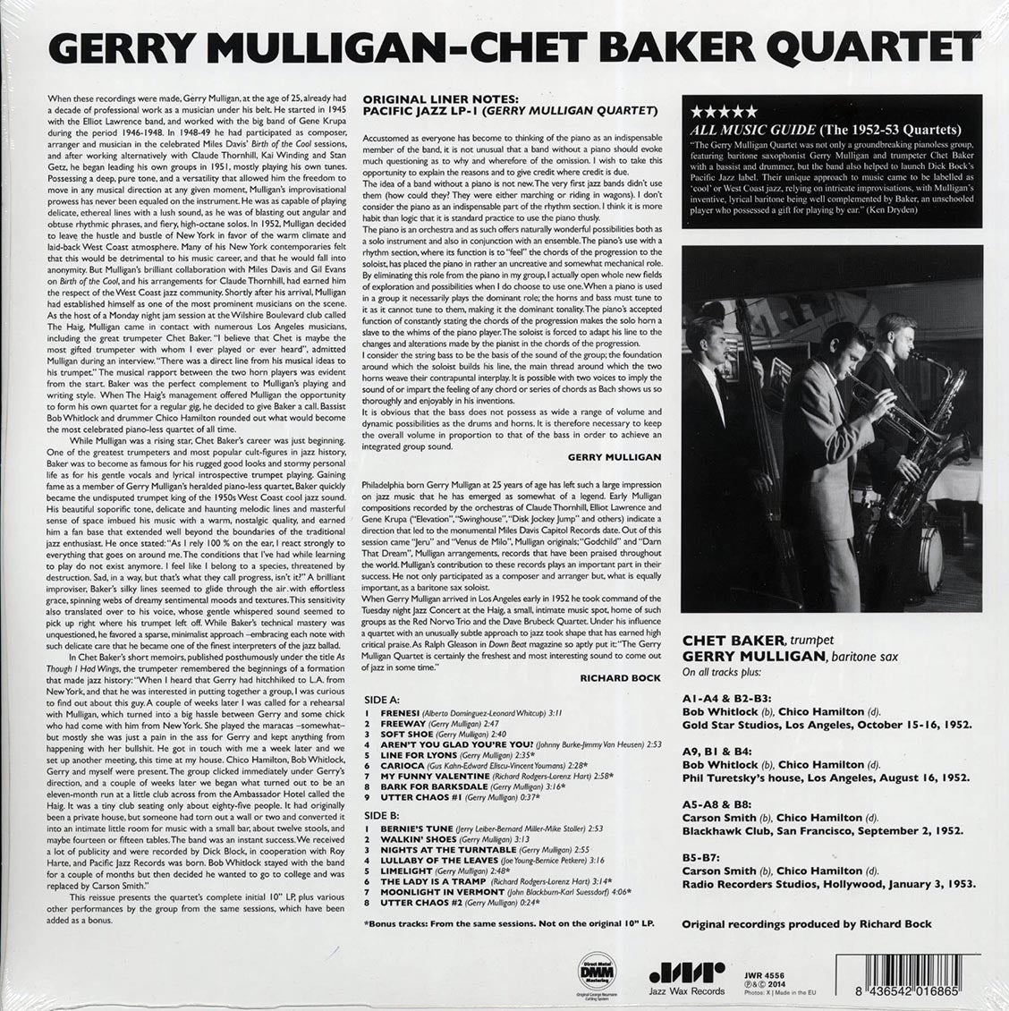 Gerry Mulligan & Chet Baker Quartet - Gerry Mulligan, Chet Baker Quartet (+9 bonus tracks) (ltd. ed.) (180g) (remastered) vinyl LP back cover