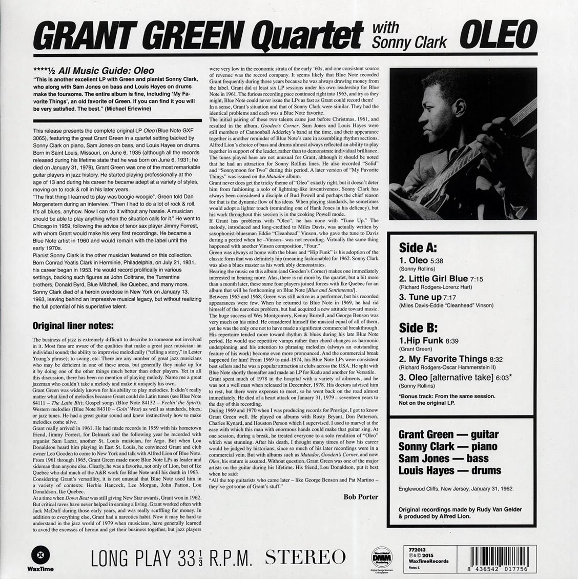Grant Green Quartet, Sonny Clark - Oleo (+bonus track) (ltd. ed.) (180g) (remastered) vinyl LP back cover