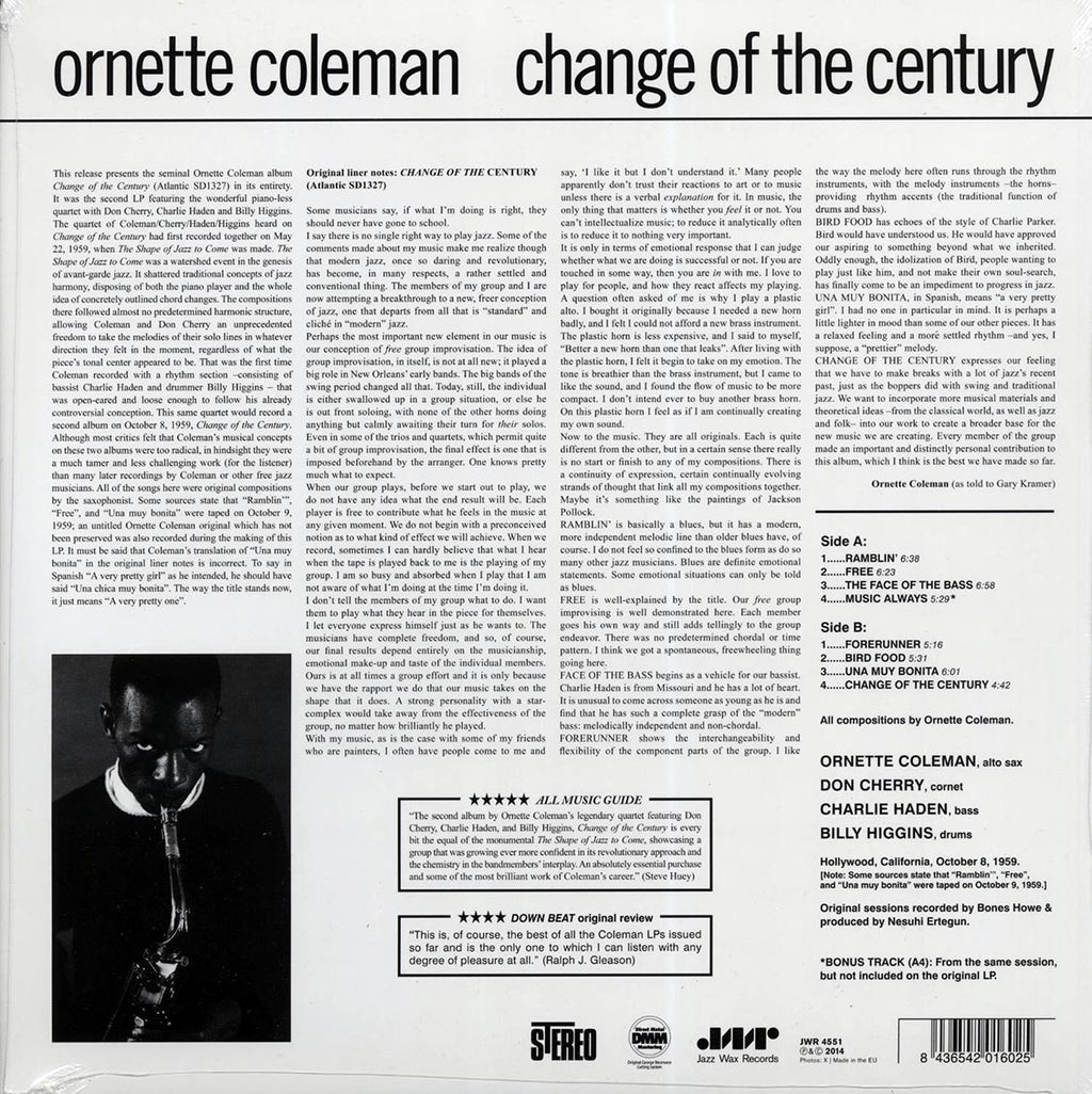 Ornette Coleman - Change Of The Century (+bonus track) (ltd. ed.) (180g) vinyl LP back cover