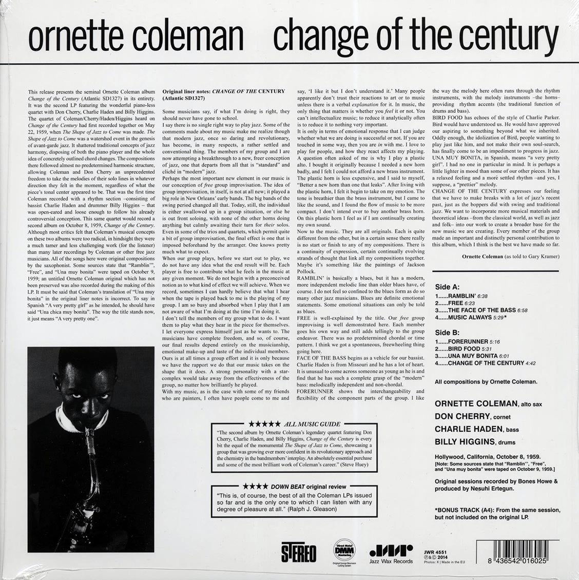 Ornette Coleman - Change Of The Century (+bonus track) (ltd. ed.) (180g) vinyl LP back cover