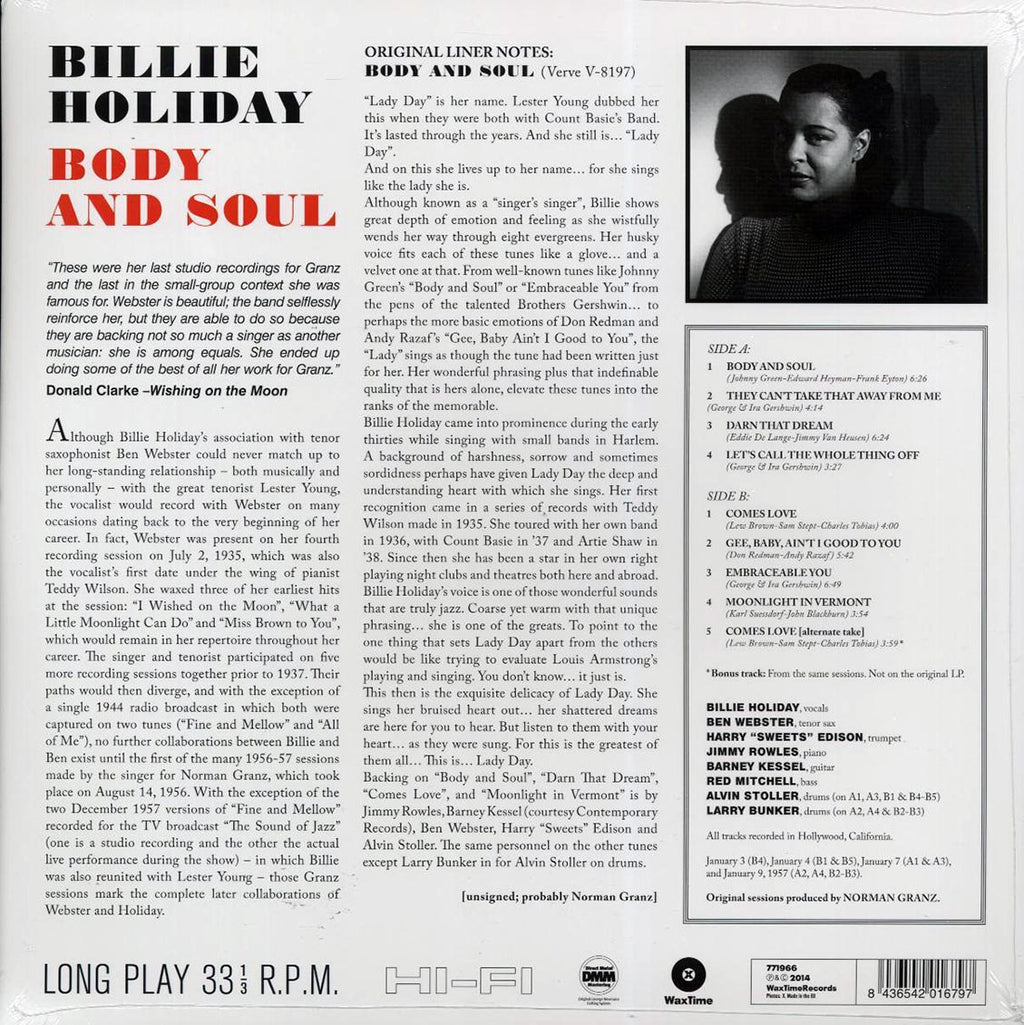 Billie Holiday - Body And Soul (ltd. ed.) (180g) (remastered) vinyl LP back cover