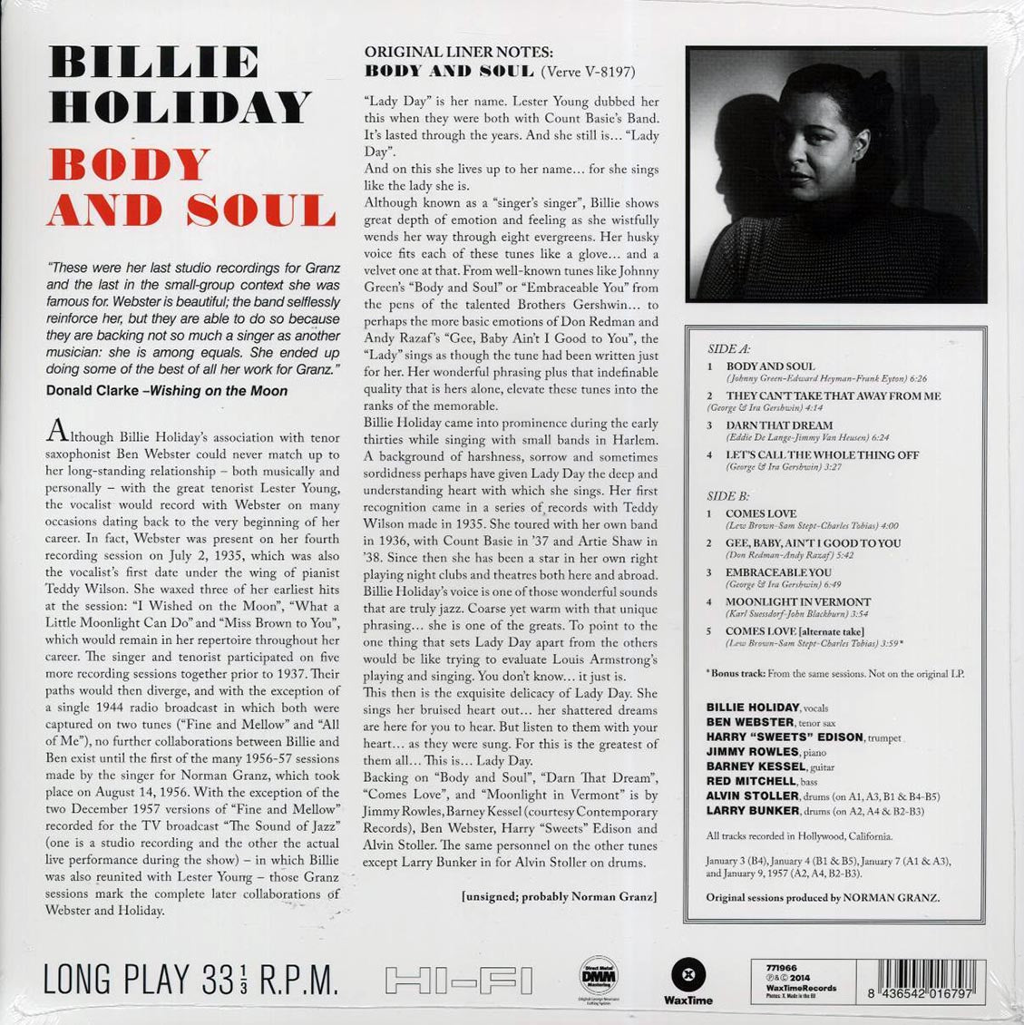 Billie Holiday - Body And Soul (ltd. ed.) (180g) (remastered) vinyl LP back cover