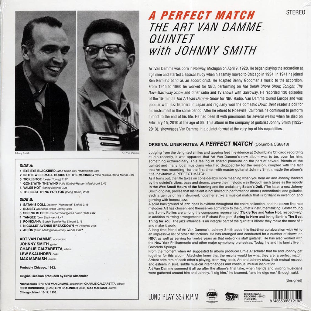 Art Van Damme Quintet - A Perfect Match (ltd. ed.) (180g) vinyl LP back cover
