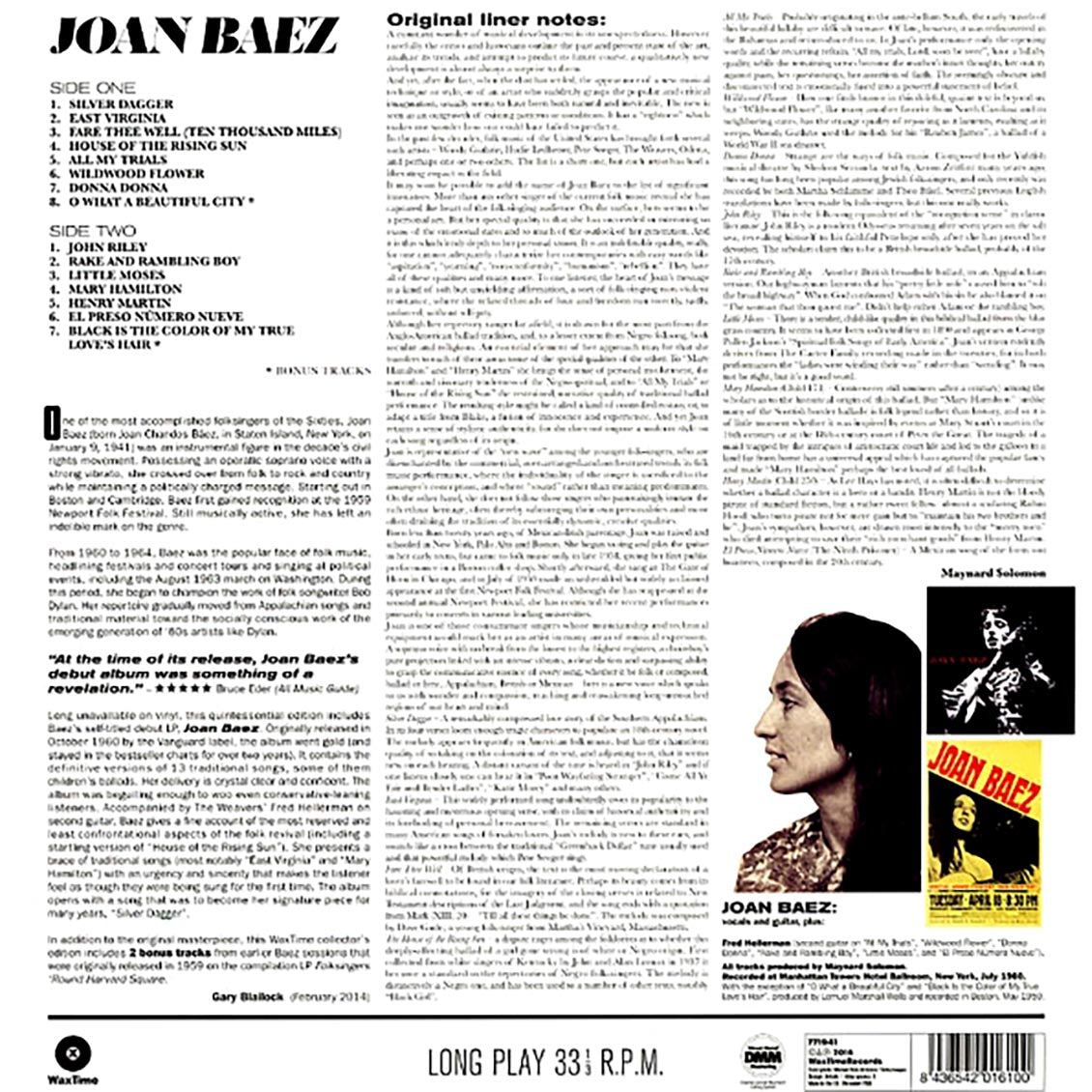 Joan Baez - Joan Baez (Debut Album) (+2 bonus tracks) (ltd. ed.) (180g) vinyl LP back cover