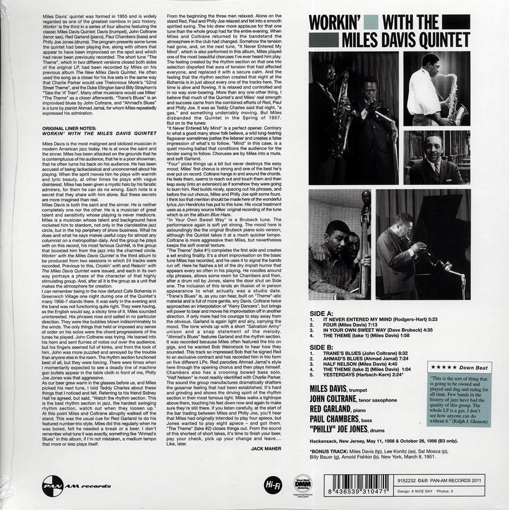Miles Davis Quintet - Workin' With Miles Davis Quintet (+bonus track) (ltd. ed.) (180g) (remastered) vinyl LP back cover