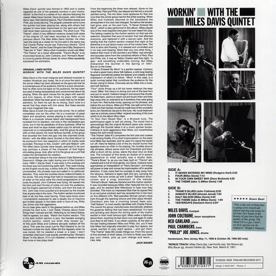 Miles Davis Quintet - Workin' With Miles Davis Quintet (+bonus track) (ltd. ed.) (180g) (remastered) vinyl LP back cover
