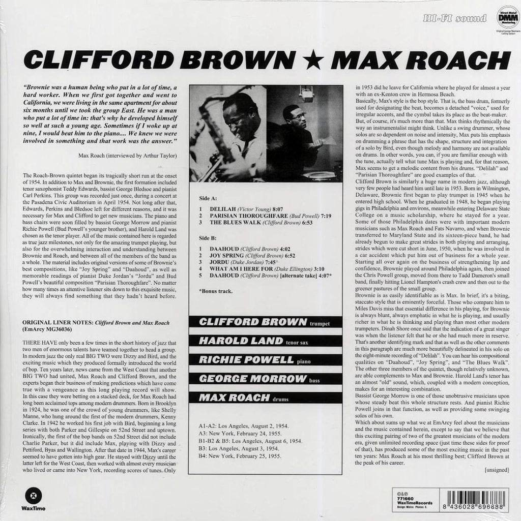 Clifford Brown, Max Roach - Clifford Brown & Max Roach (ltd. ed.) (180g) (remastered) vinyl LP back cover