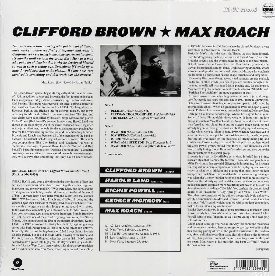 Clifford Brown, Max Roach - Clifford Brown & Max Roach (ltd. ed.) (180g) (remastered) vinyl LP back cover