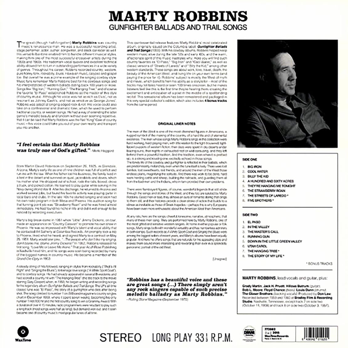 Marty Robbins - Gunfighter Ballads And Trail Songs (+4 bonus tracks) (ltd. ed.) (180g) vinyl LP back cover