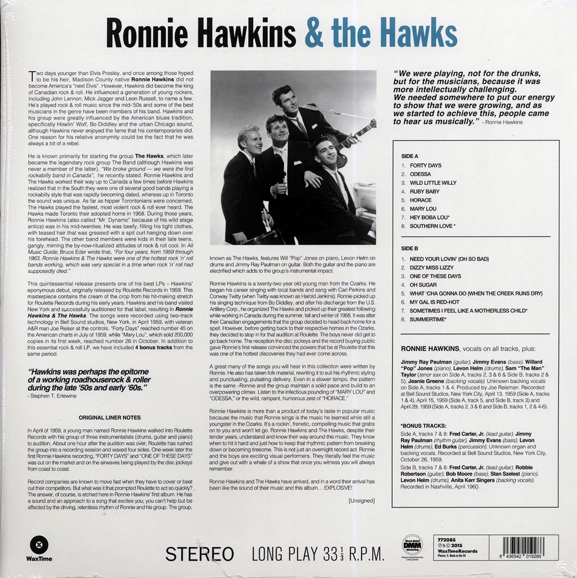 Ronnie Hawkins & The Hawks - Ronnie Hawkins & The Hawks (+4 bonus tracks) (ltd. ed.) (180g) vinyl LP back cover