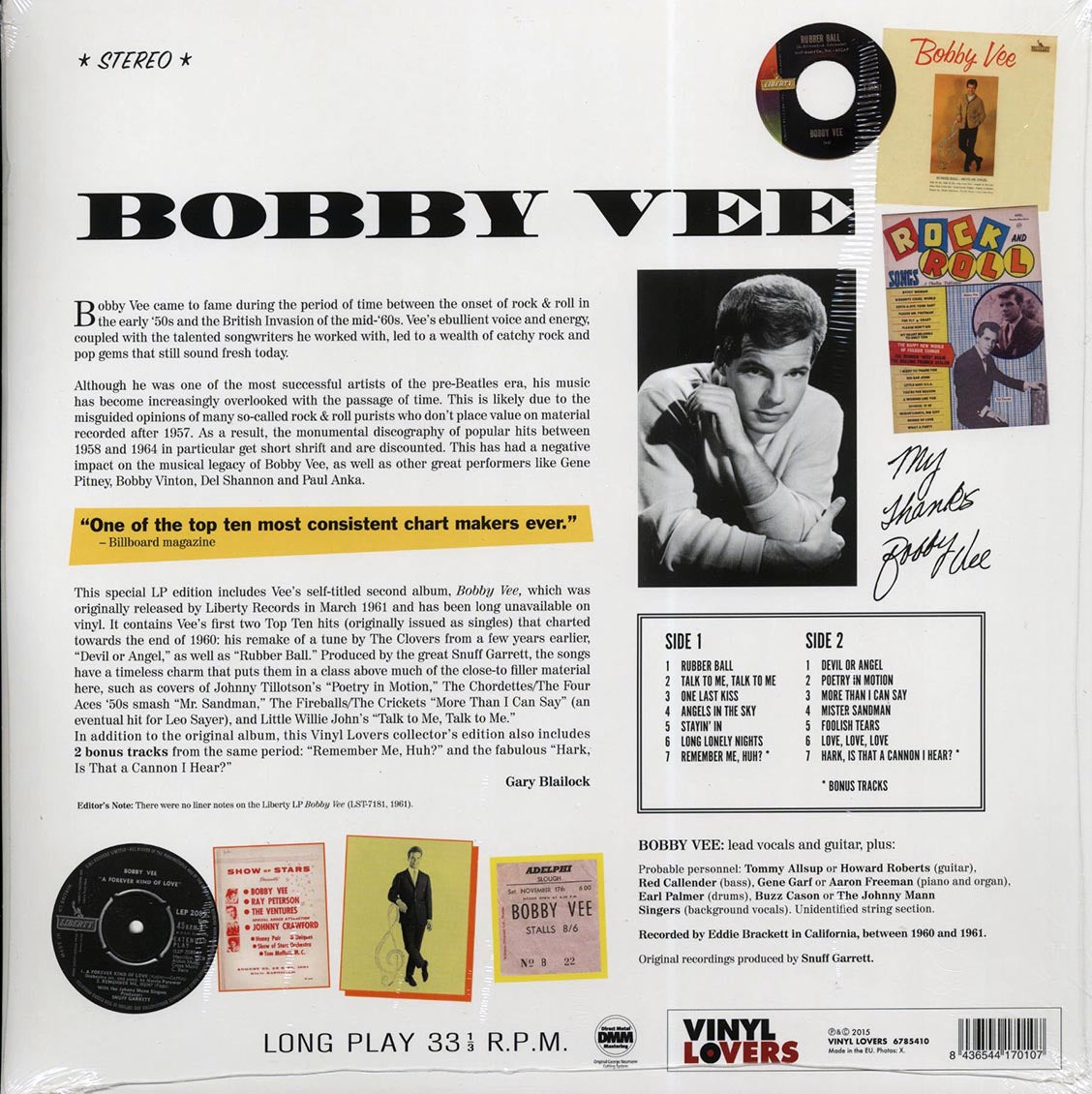 Bobby Vee - Bobby Vee (ltd. ed.) (180g) vinyl LP back cover