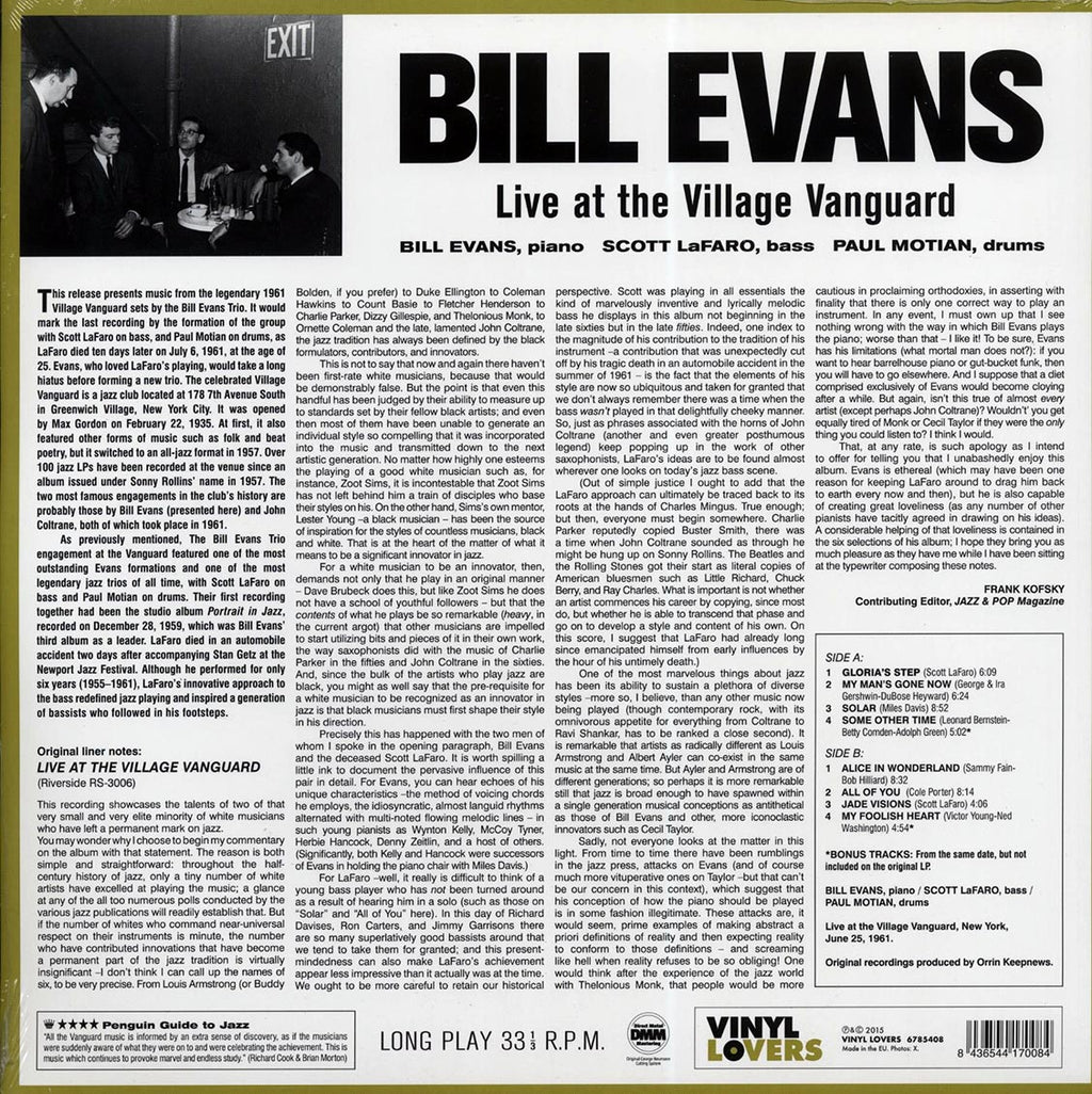 Bill Evans - Live At The Village Vanguard (ltd. ed.) (180g) (remastered) vinyl LP back cover