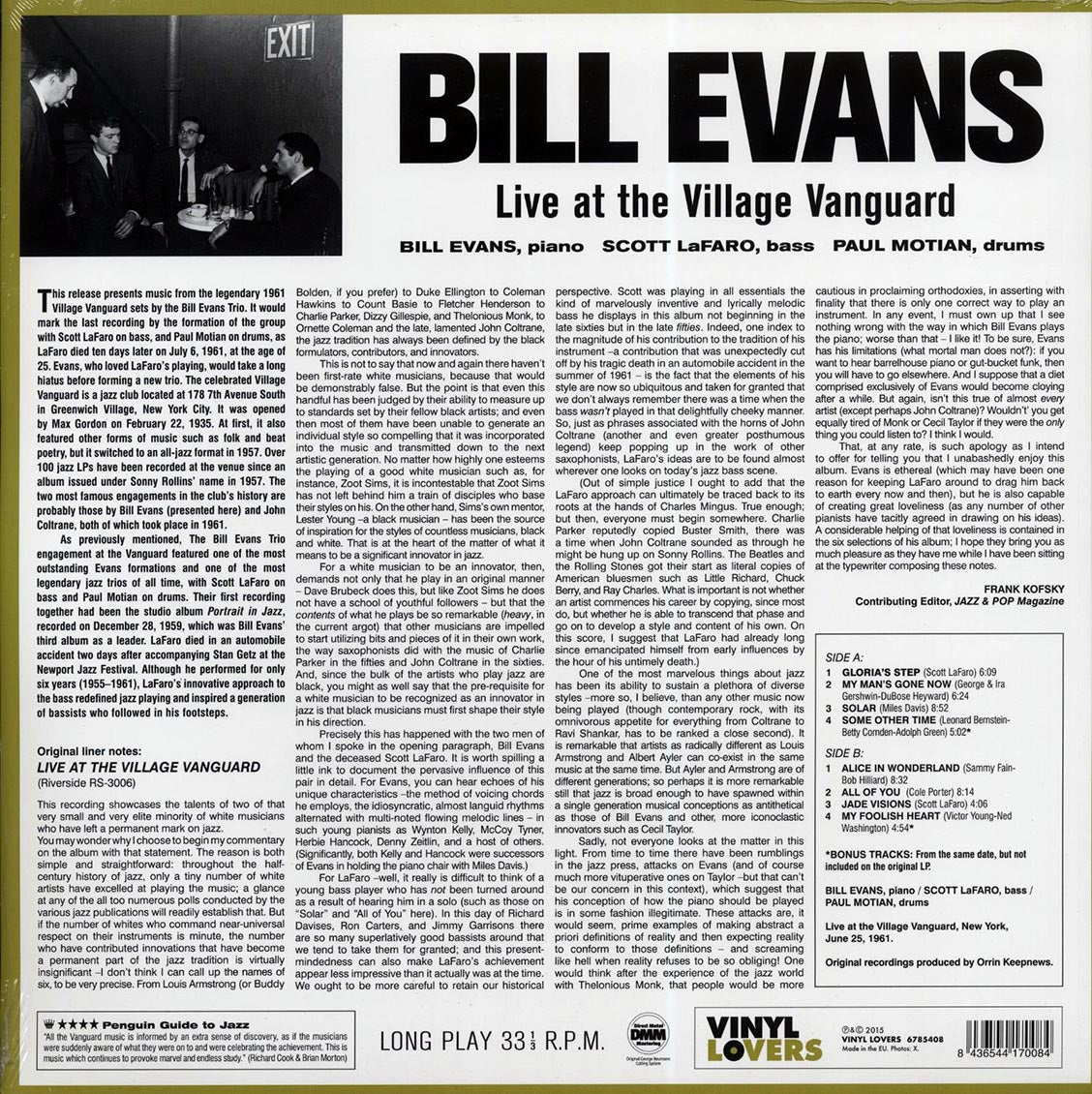 Bill Evans - Live At The Village Vanguard (ltd. ed.) (180g) (remastered) vinyl LP back cover