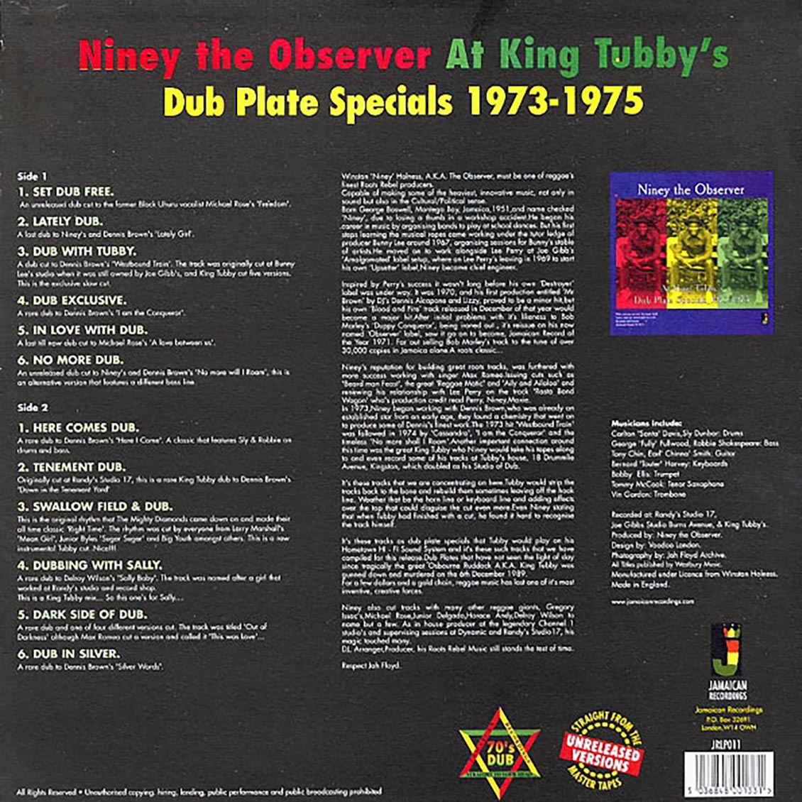 Niney The Observer - Niney The Observer At King Tubby's: Dub Plate Specials (180g) vinyl LP back cover