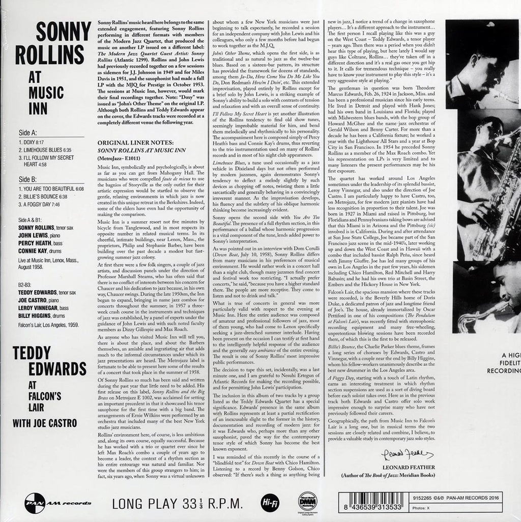 Sonny Rollins - At Music Inn (ltd. ed.) (180g) vinyl LP back cover