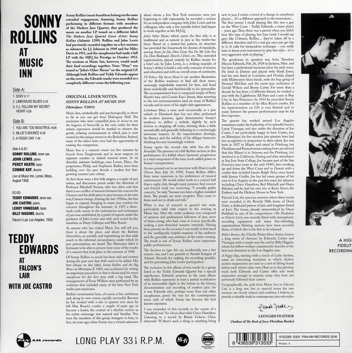 Sonny Rollins - At Music Inn (ltd. ed.) (180g) vinyl LP back cover