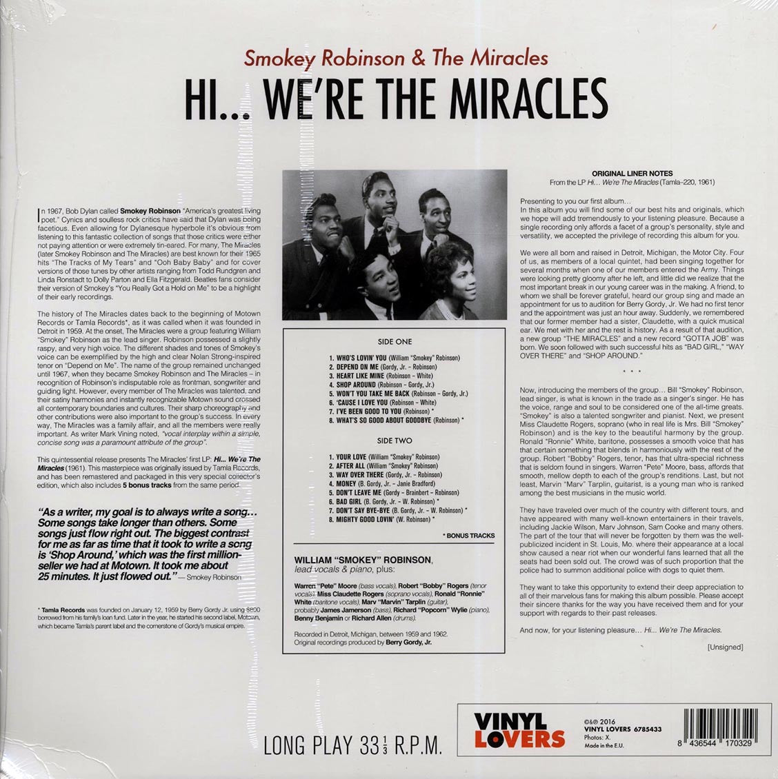Smokey Robinson & The Miracles - Hi We're The Miracles (+5 bonus tracks) (ltd. ed.) (180g) vinyl LP back cover