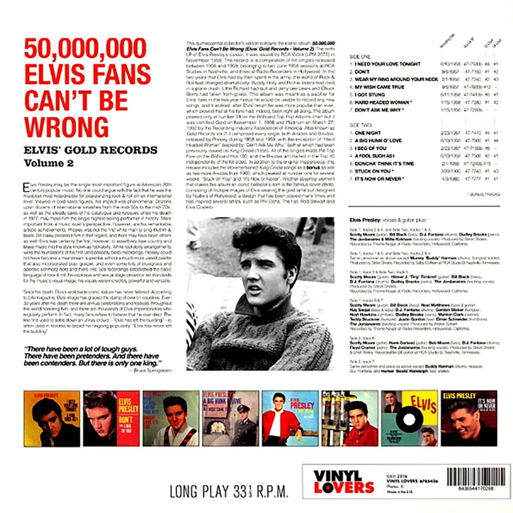 Elvis Presley - 50,000,000 Elvis Fans Can't Be Wrong: Elvis' Gold Records Volume 2 (+4 bonus tracks) (ltd. ed.) (180g) (remastered) vinyl LP back cover