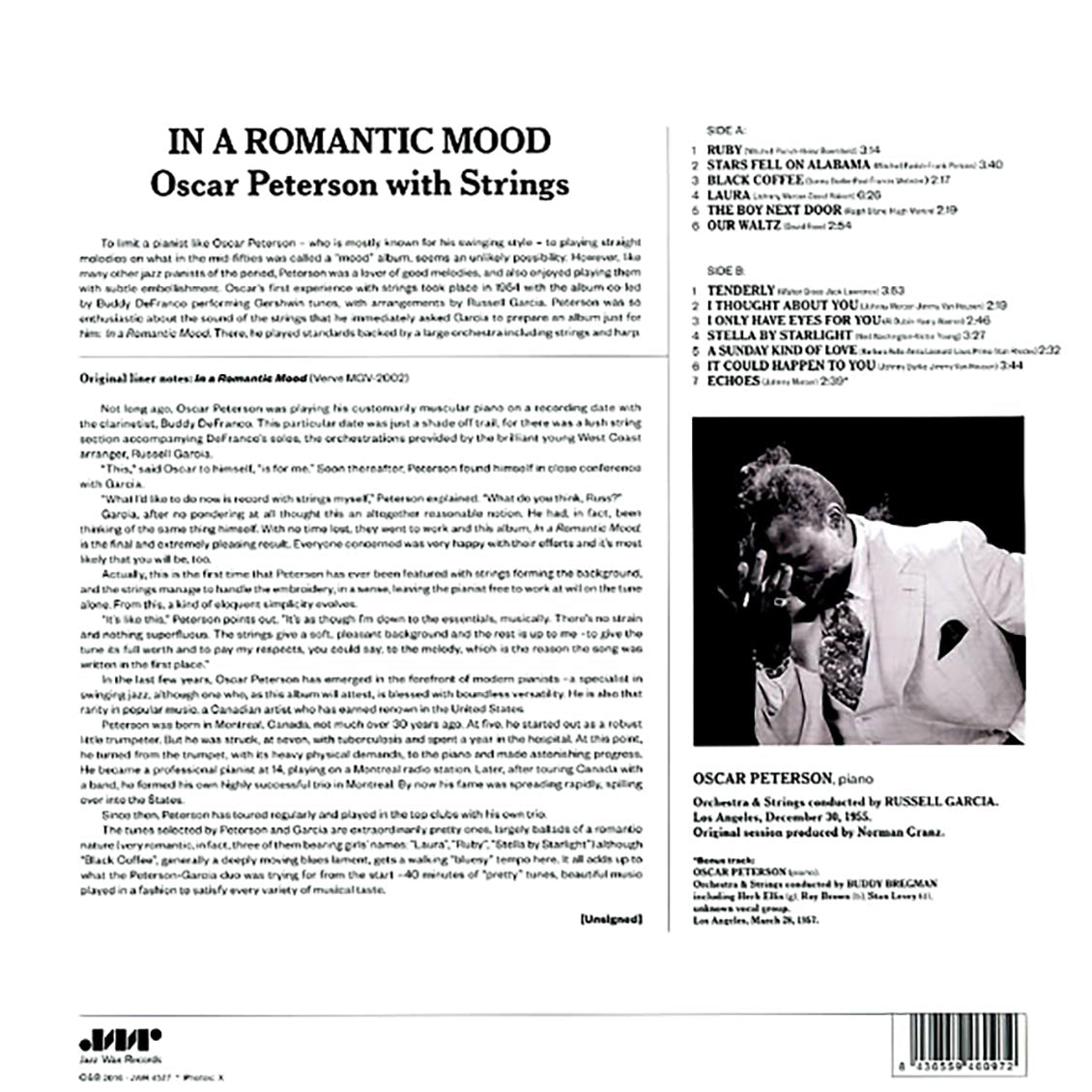 Oscar Peterson With Strings - In A Romantic Mood (+bonus track) (ltd. ed.) (180g) vinyl LP back cover