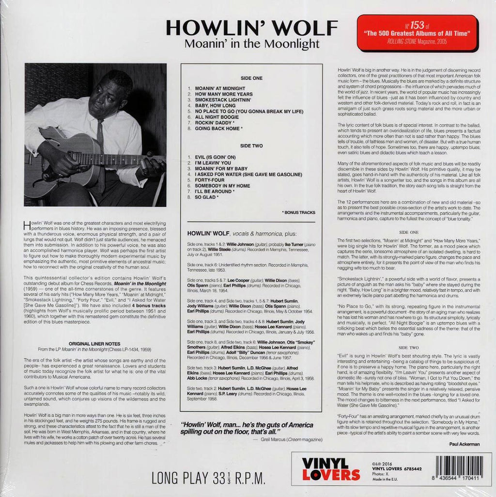 Howlin' Wolf - Moanin' In The Moonlight (+4 bonus tracks) (ltd. ed.) (180g) vinyl LP back cover