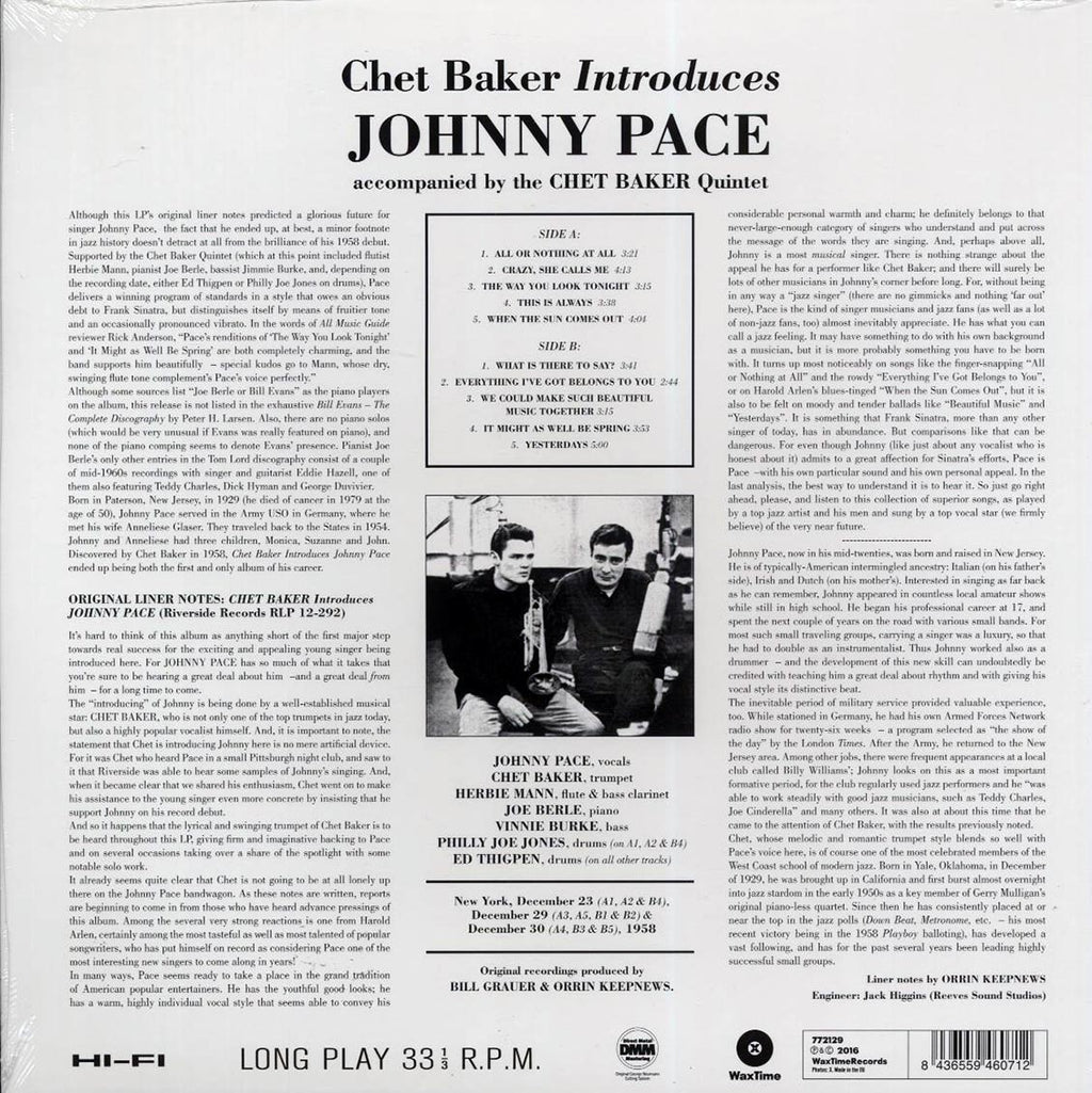 Chet Baker - Chet Baker Introduces Johnny Pace Accompanied By Chet Baker Quintet (ltd. ed.) (180g) vinyl LP back cover